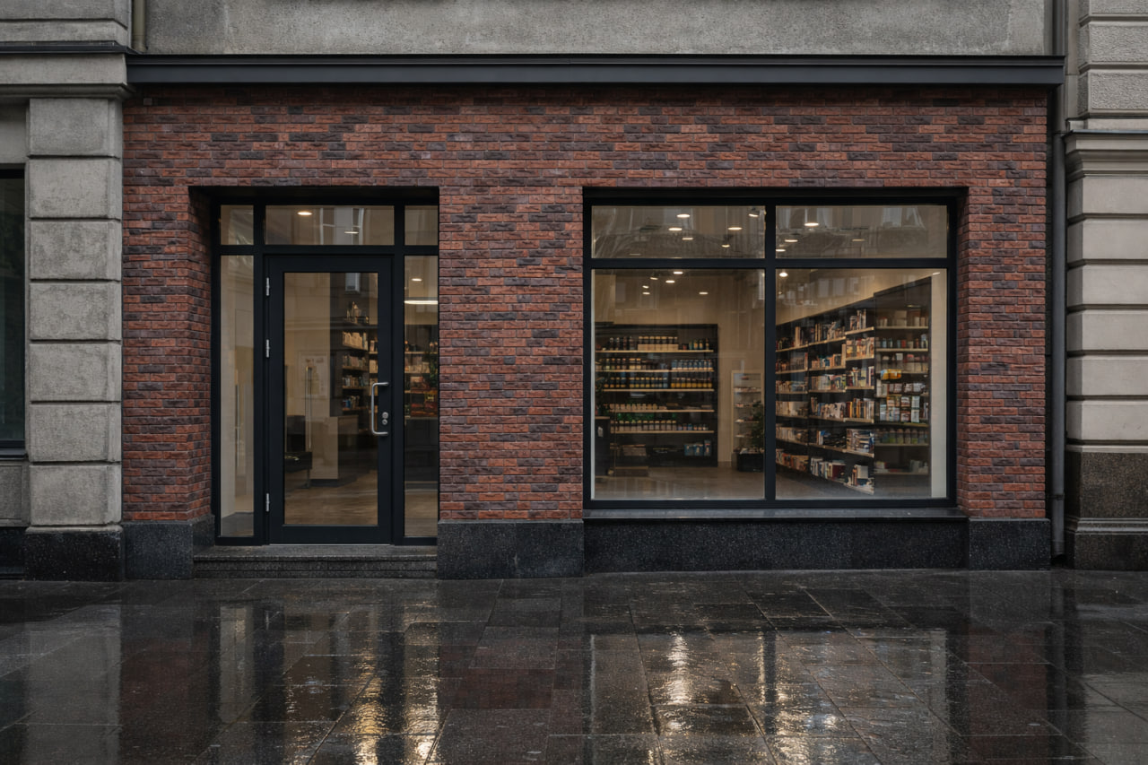 Фасад коммерческого объекта: входная группа/витрина (фото замените позже)